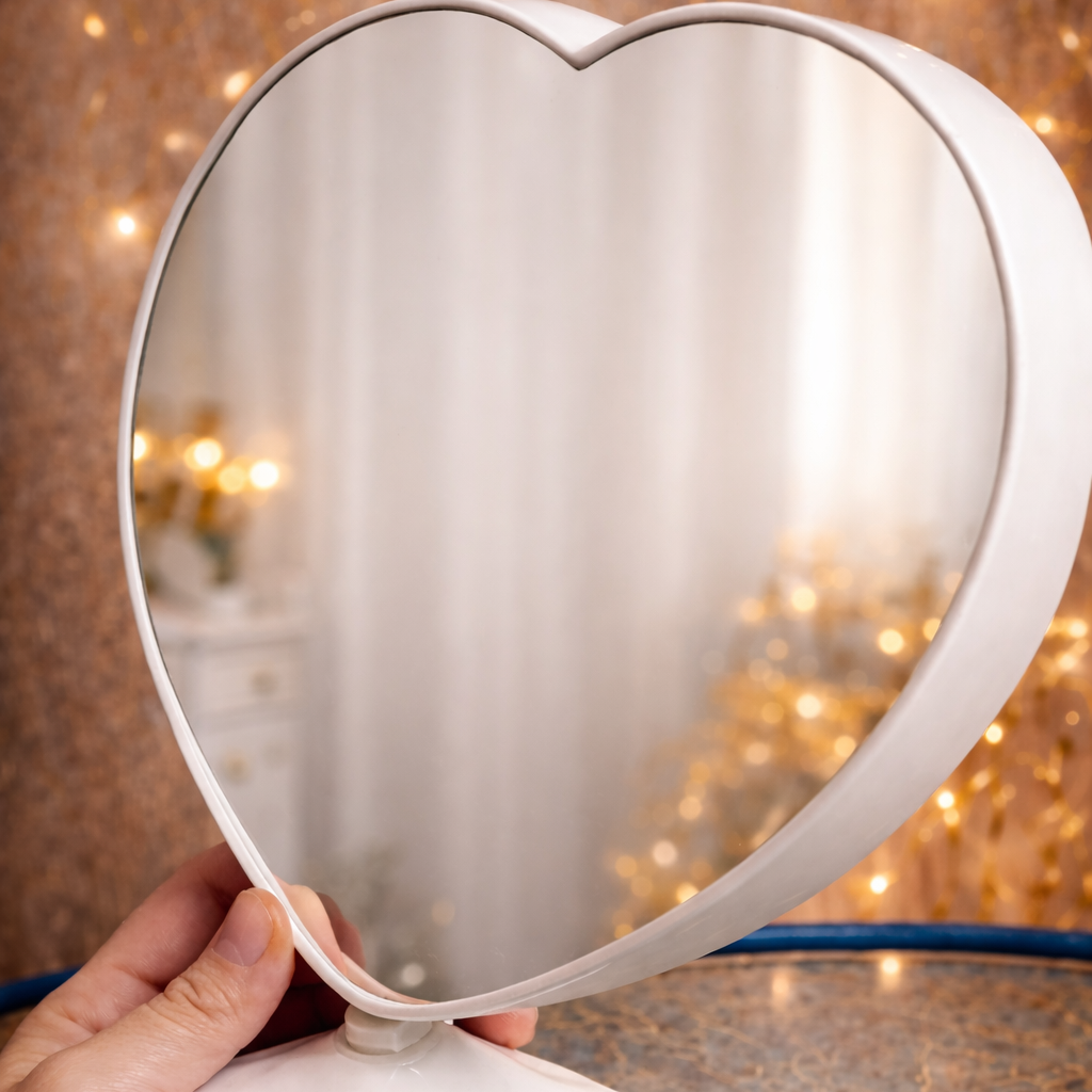 Heart-shaped mirror held by a hand with a blurred background
