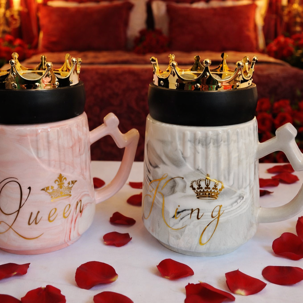 Two mugs labeled 'King' and 'Queen' with crowns, surrounded by red rose petals on a romantic setting.
