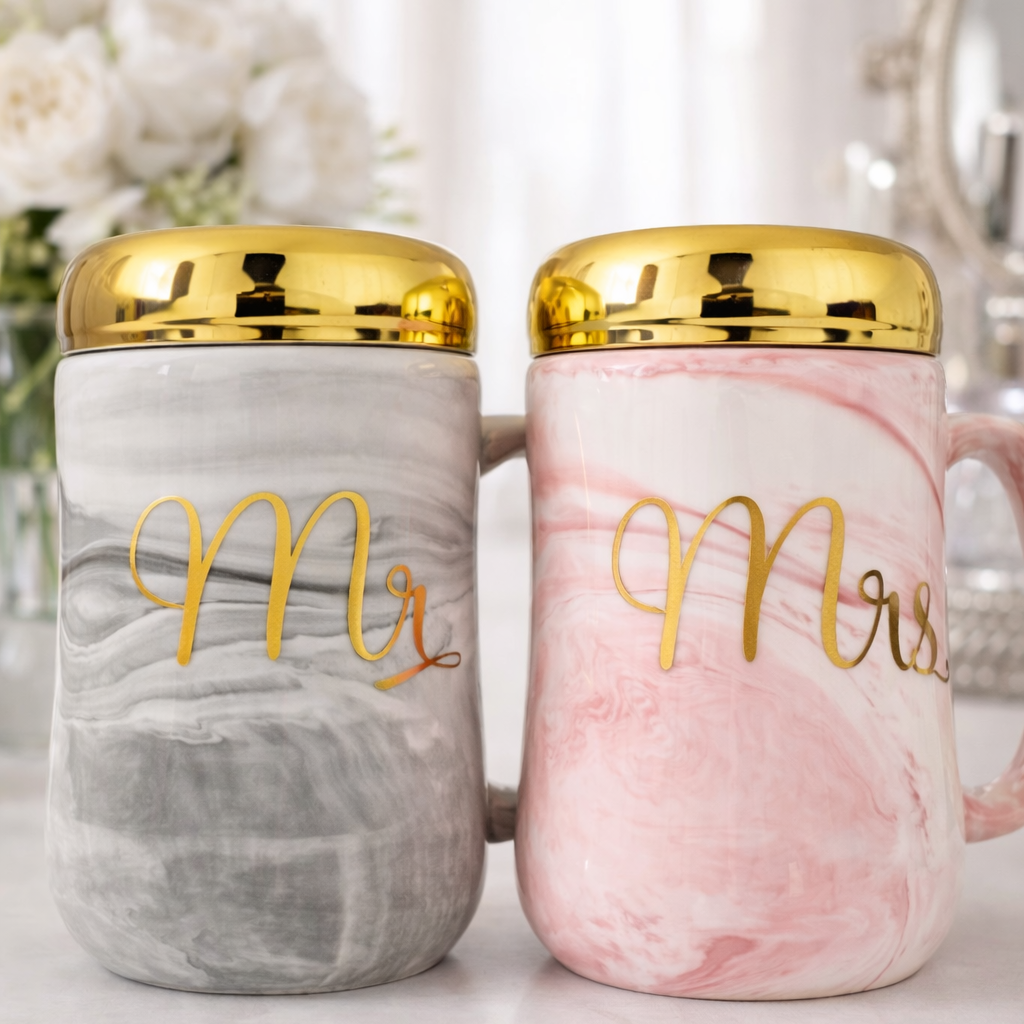 Two marble-patterned mugs with gold 'Mr' and 'Mrs' text on a light background.