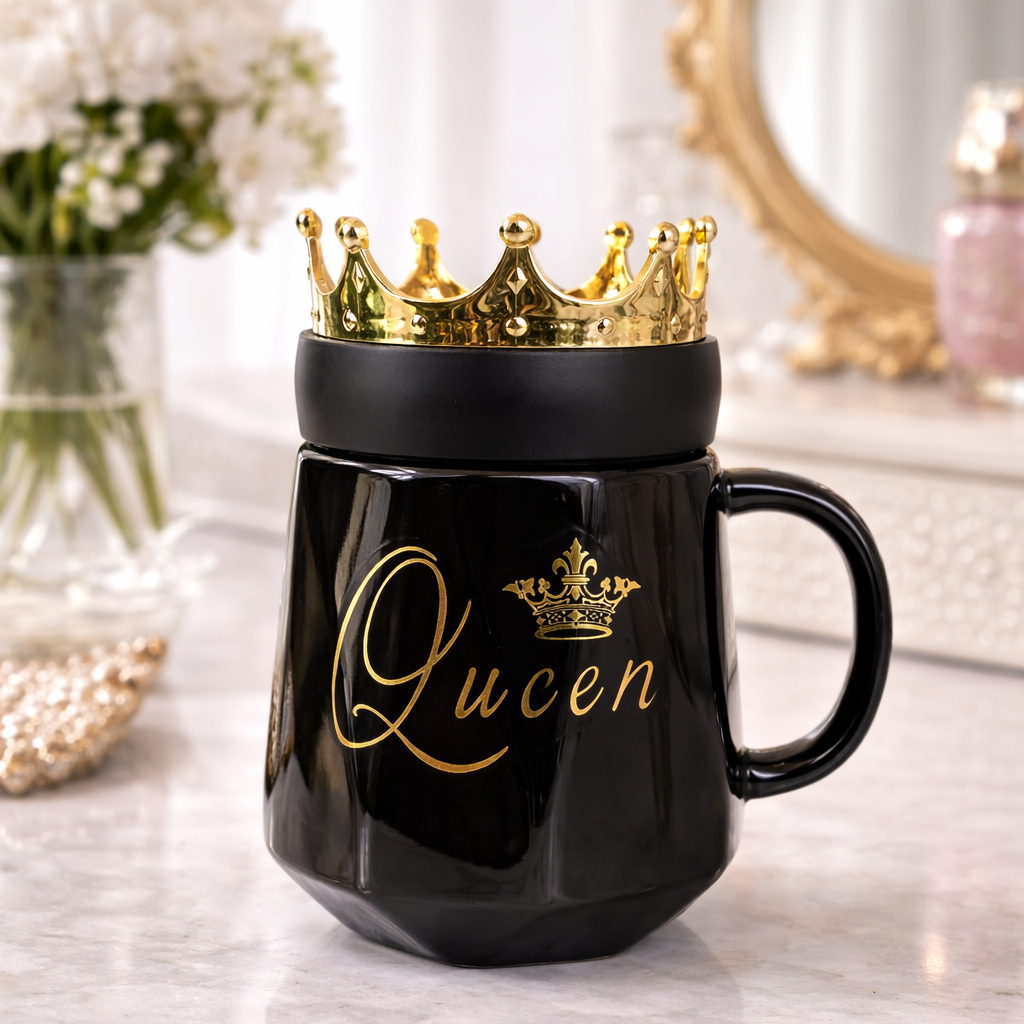 Black mug with gold crown design and 'Queen' text on a decorative surface.