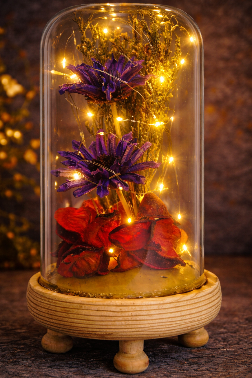 Decorative lamp with flowers under a glass dome on a wooden base, against a warm, blurred background.