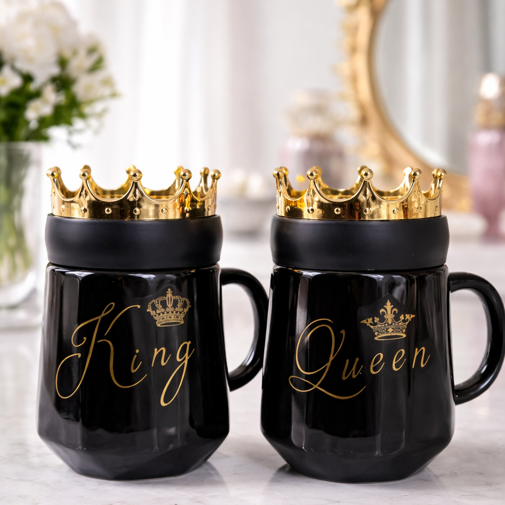 Two black mugs with gold crowns labeled 'King' and 'Queen' on a marble surface.