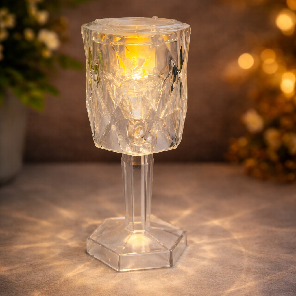 Decorative glass lamp with a warm glow on a textured surface.