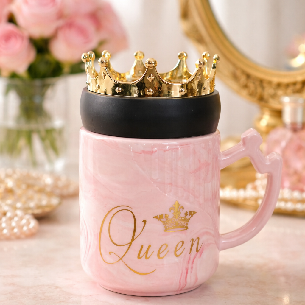 Pink mug with gold 'Queen' text and crown on a decorative surface with flowers and mirror in the background.